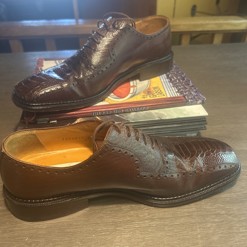 Mezlan 'Taranto' Ostrich Leather Dress Shoes Size 10.5 Bike Toe Brown NICE